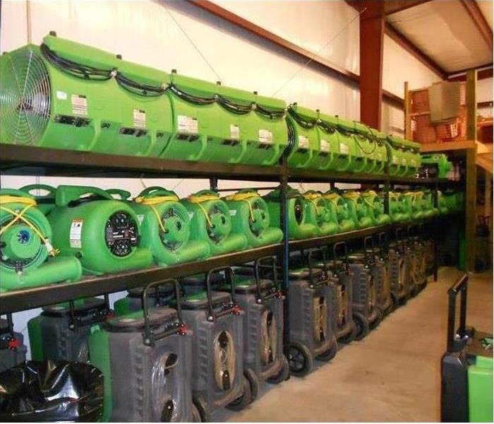 SERVPRO restoration equipment stacked in storage facility