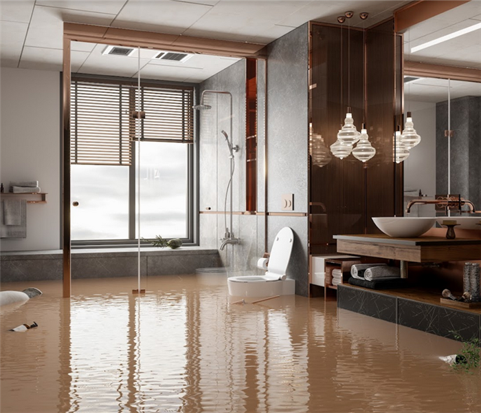 a flooded bathroom with things floating everywhere
