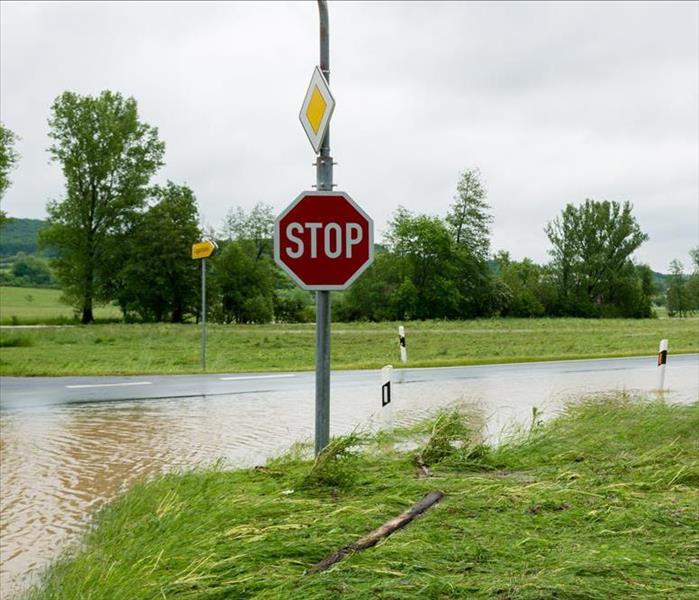 flooded road and a stop sign
