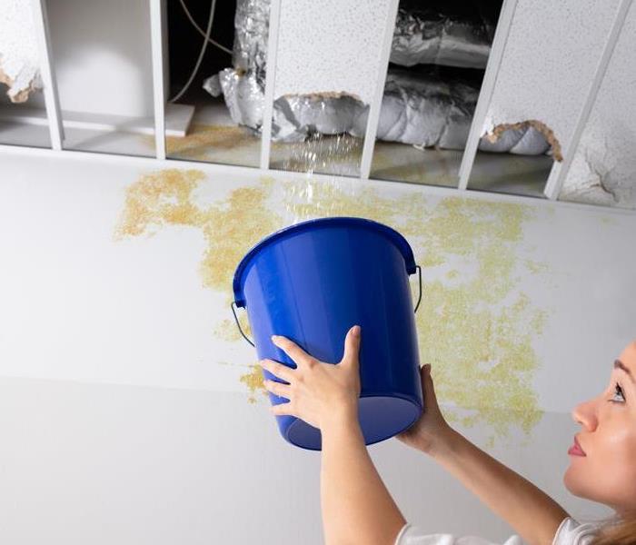 Woman catching water in a bucket falling from the ceiling. 